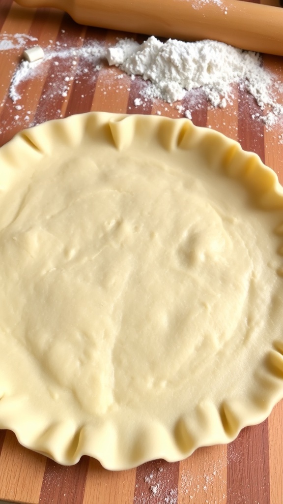 A flaky pot pie crust rolled out on a wooden surface, ready for filling.